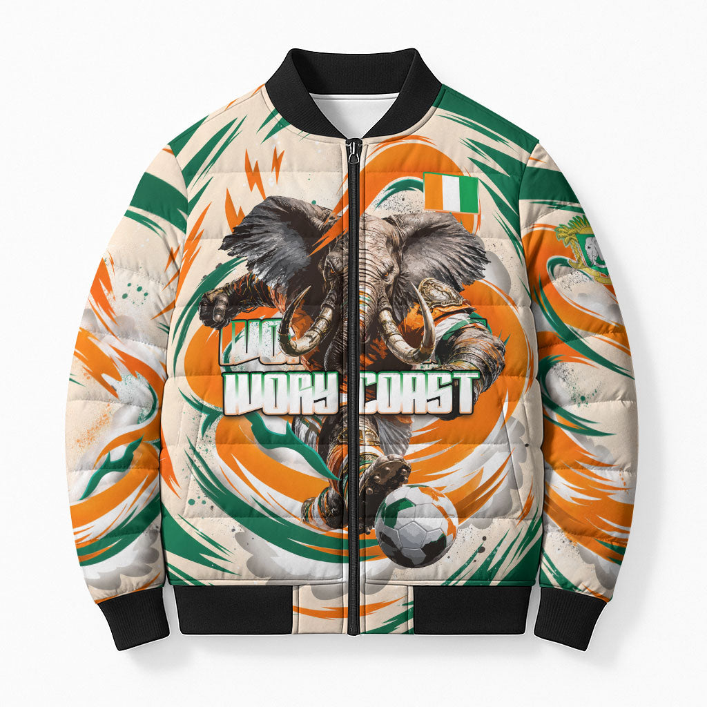 Personalized Ivory Coast Football Bomber Puffer Jacket Les Elephants Swirl Pattern Heritage Mascot Art