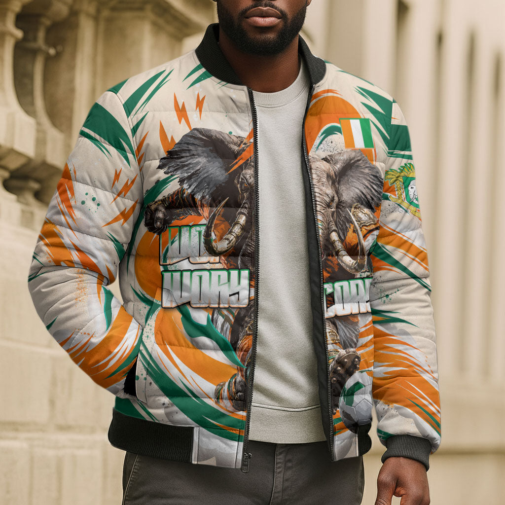 Personalized Ivory Coast Football Bomber Puffer Jacket Les Elephants Swirl Pattern Heritage Mascot Art