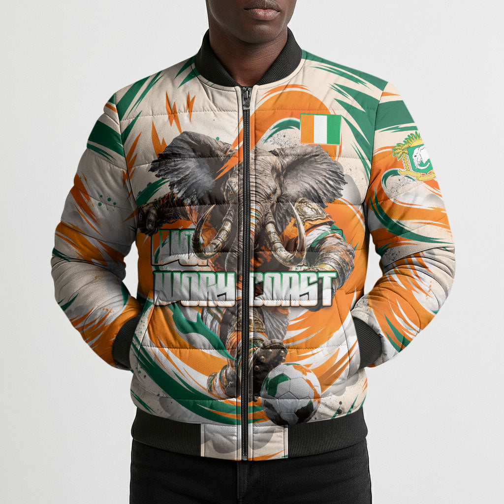 Personalized Ivory Coast Football Bomber Puffer Jacket Les Elephants Swirl Pattern Heritage Mascot Art
