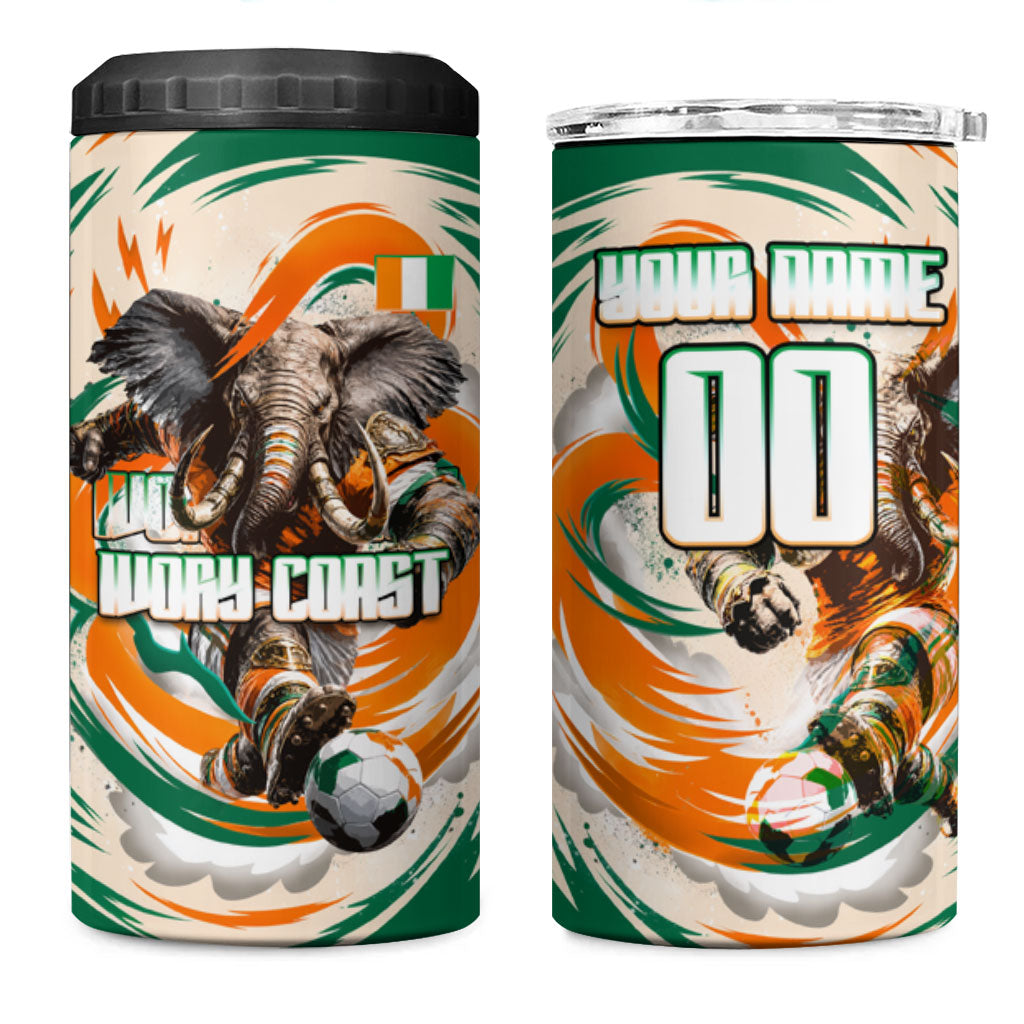 Personalized Ivory Coast Football 4 in 1 Can Cooler Tumbler Les Elephants Swirl Pattern Heritage Mascot Art