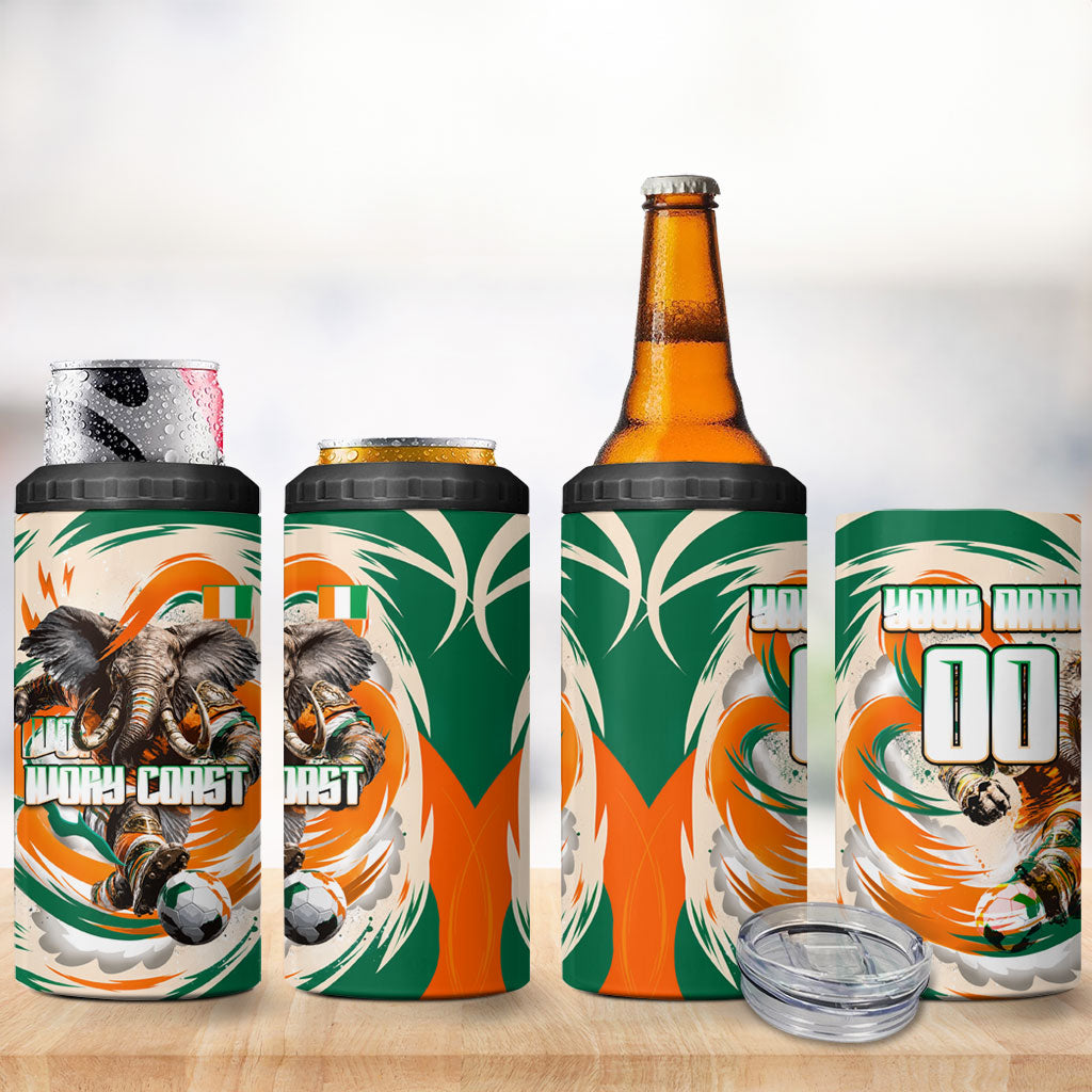 Personalized Ivory Coast Football 4 in 1 Can Cooler Tumbler Les Elephants Swirl Pattern Heritage Mascot Art