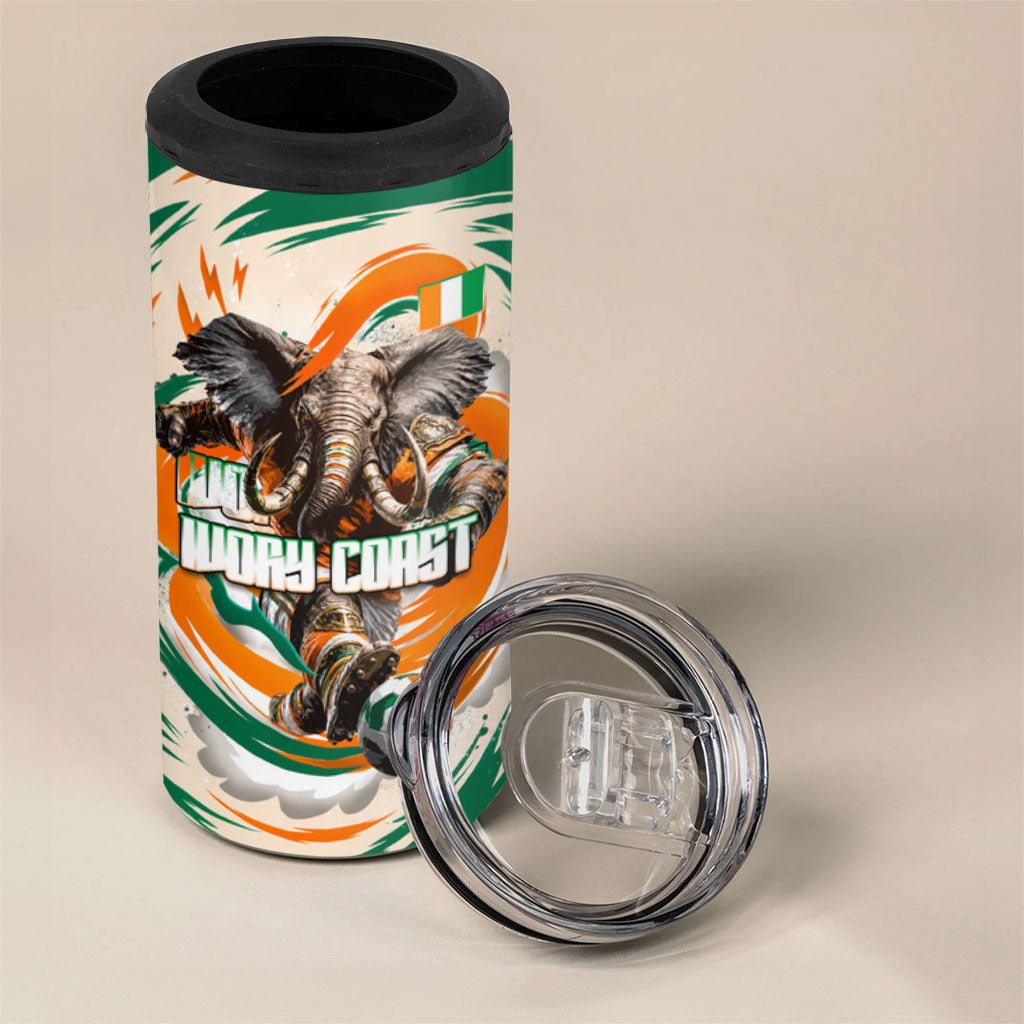 Personalized Ivory Coast Football 4 in 1 Can Cooler Tumbler Les Elephants Swirl Pattern Heritage Mascot Art