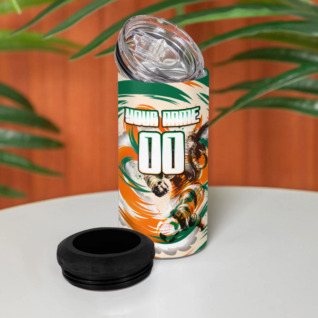 Personalized Ivory Coast Football 4 in 1 Can Cooler Tumbler Les Elephants Swirl Pattern Heritage Mascot Art