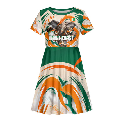 Personalized Ivory Coast Football Kid Short Sleeve Dress Les Elephants Swirl Pattern Heritage Mascot Art