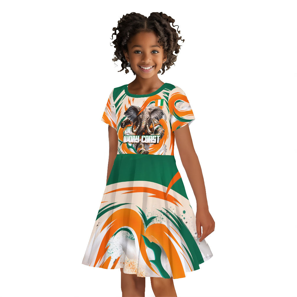 Personalized Ivory Coast Football Kid Short Sleeve Dress Les Elephants Swirl Pattern Heritage Mascot Art