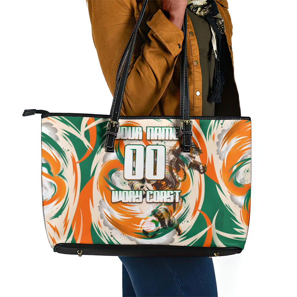 Personalized Ivory Coast Football Leather Tote Bag Les Elephants Swirl Pattern Heritage Mascot Art
