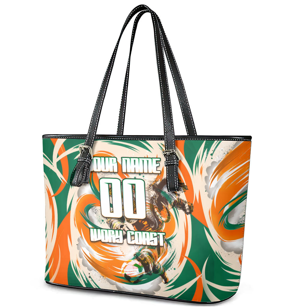 Personalized Ivory Coast Football Leather Tote Bag Les Elephants Swirl Pattern Heritage Mascot Art