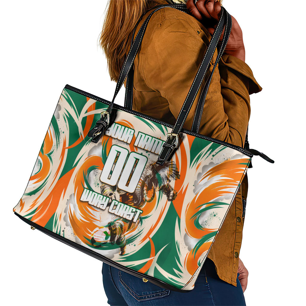 Personalized Ivory Coast Football Leather Tote Bag Les Elephants Swirl Pattern Heritage Mascot Art