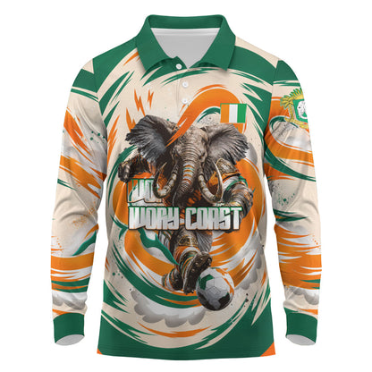 Personalized Ivory Coast Football Long Sleeve Polo Shirt Les Elephants Swirl Pattern Heritage Mascot Art