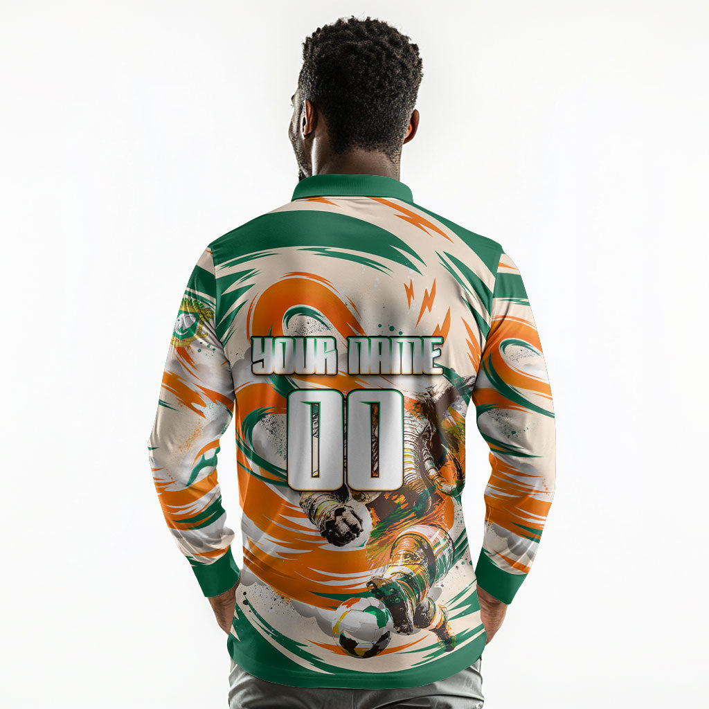 Personalized Ivory Coast Football Long Sleeve Polo Shirt Les Elephants Swirl Pattern Heritage Mascot Art