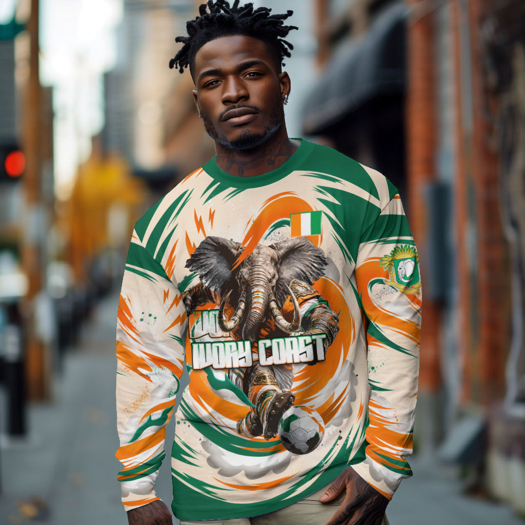 Personalized Ivory Coast Football Long Sleeve Shirt Les Elephants Swirl Pattern Heritage Mascot Art