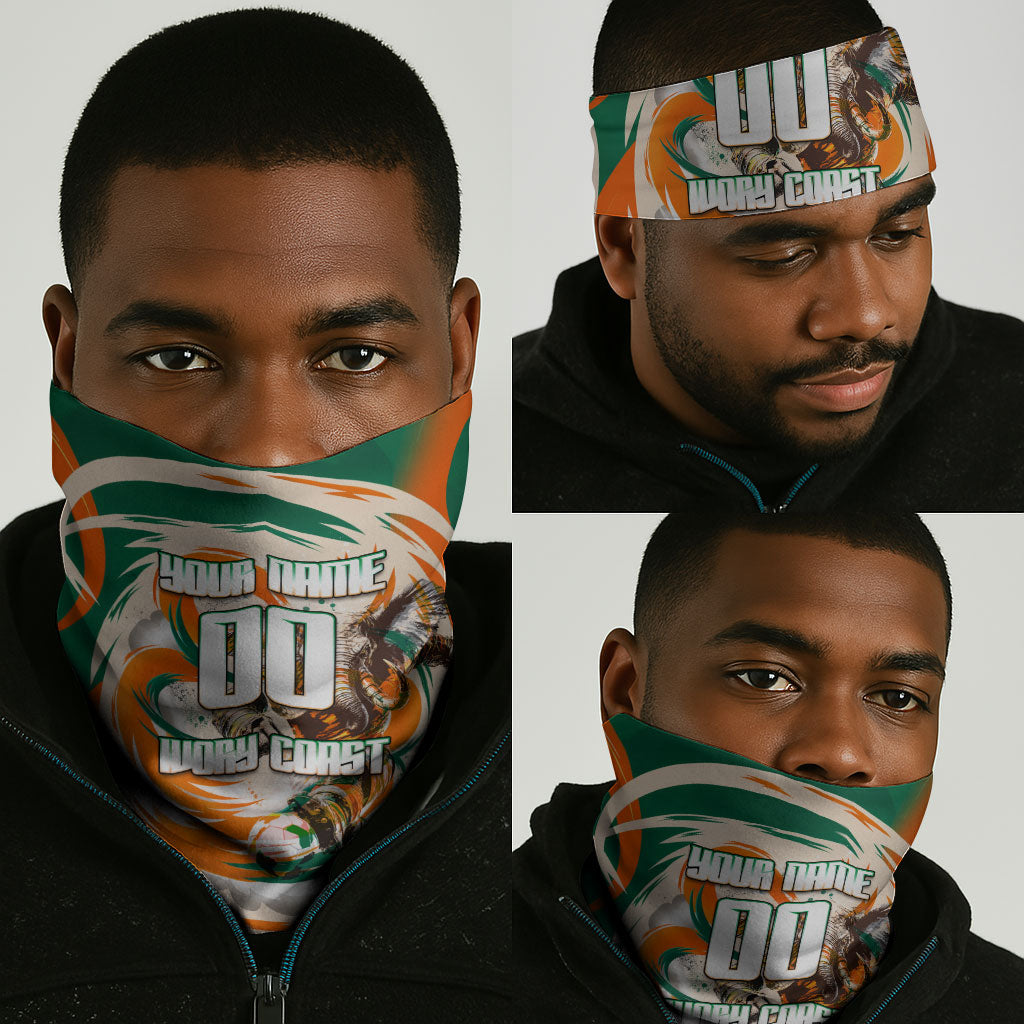 Personalized Ivory Coast Football Neck Gaiter Les Elephants Swirl Pattern Heritage Mascot Art
