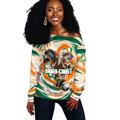 Personalized Ivory Coast Football Off Shoulder Sweater Les Elephants Swirl Pattern Heritage Mascot Art