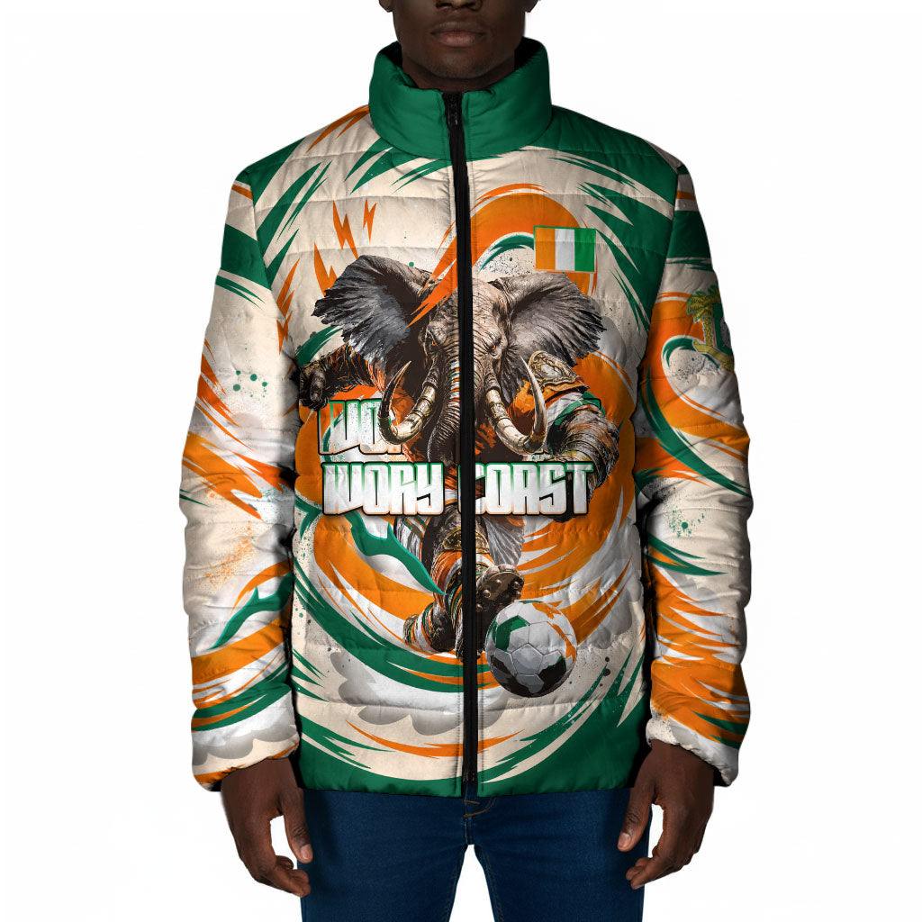 Personalized Ivory Coast Football Padded Jacket Les Elephants Swirl Pattern Heritage Mascot Art