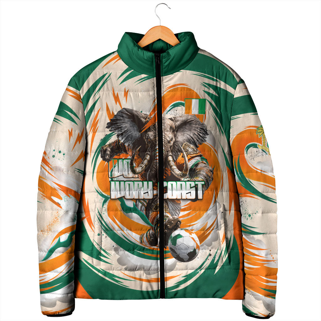 Personalized Ivory Coast Football Padded Jacket Les Elephants Swirl Pattern Heritage Mascot Art