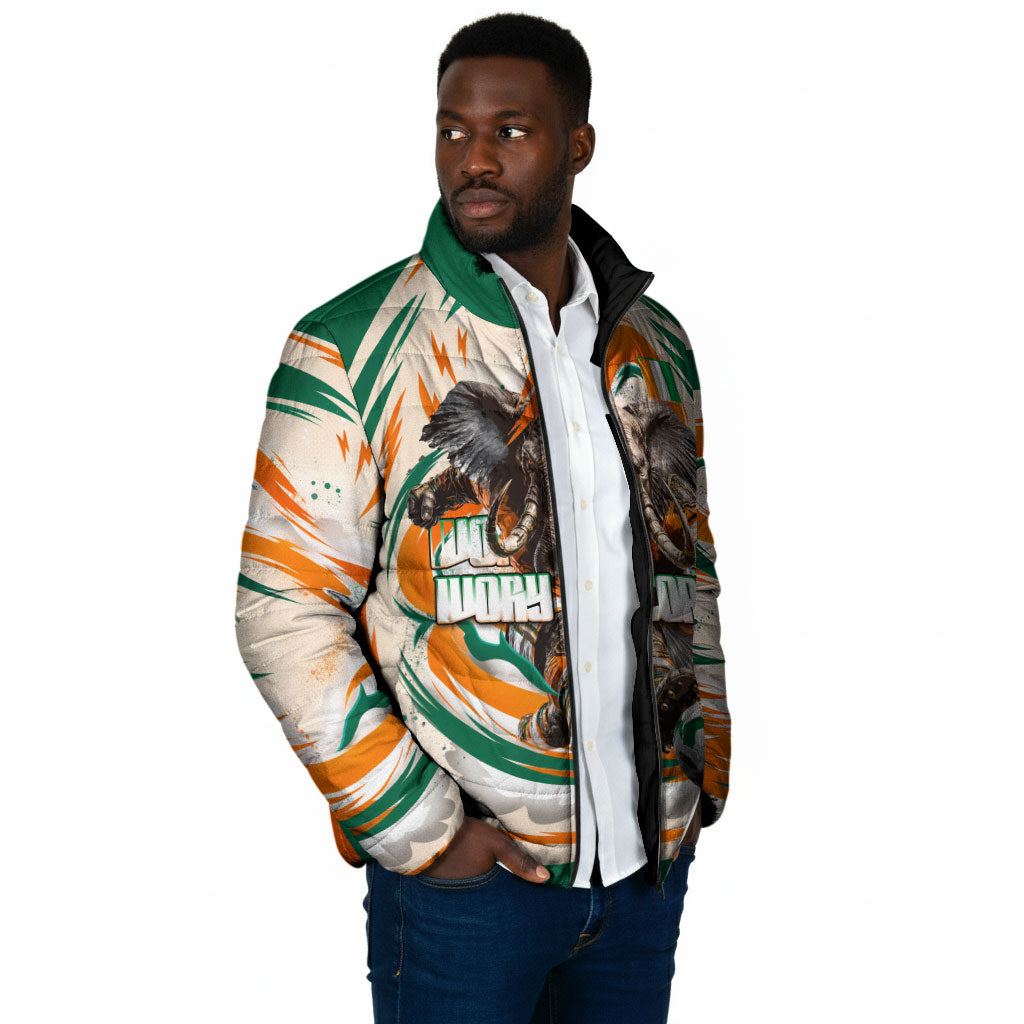 Personalized Ivory Coast Football Padded Jacket Les Elephants Swirl Pattern Heritage Mascot Art