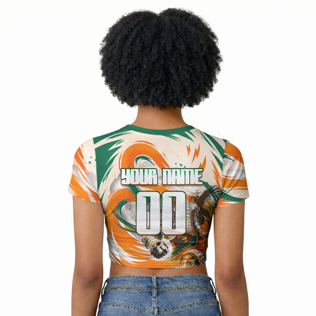 Personalized Ivory Coast Football Raglan Cropped T shirt Les Elephants Swirl Pattern Heritage Mascot Art