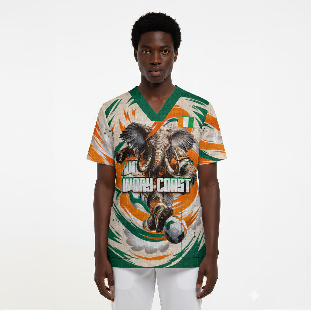 Personalized Ivory Coast Football Scrub Top Les Elephants Swirl Pattern Heritage Mascot Art