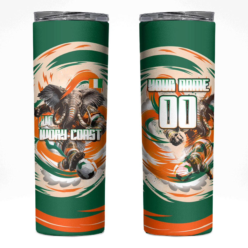 Personalized Ivory Coast Football Skinny Tumbler Les Elephants Swirl Pattern Heritage Mascot Art