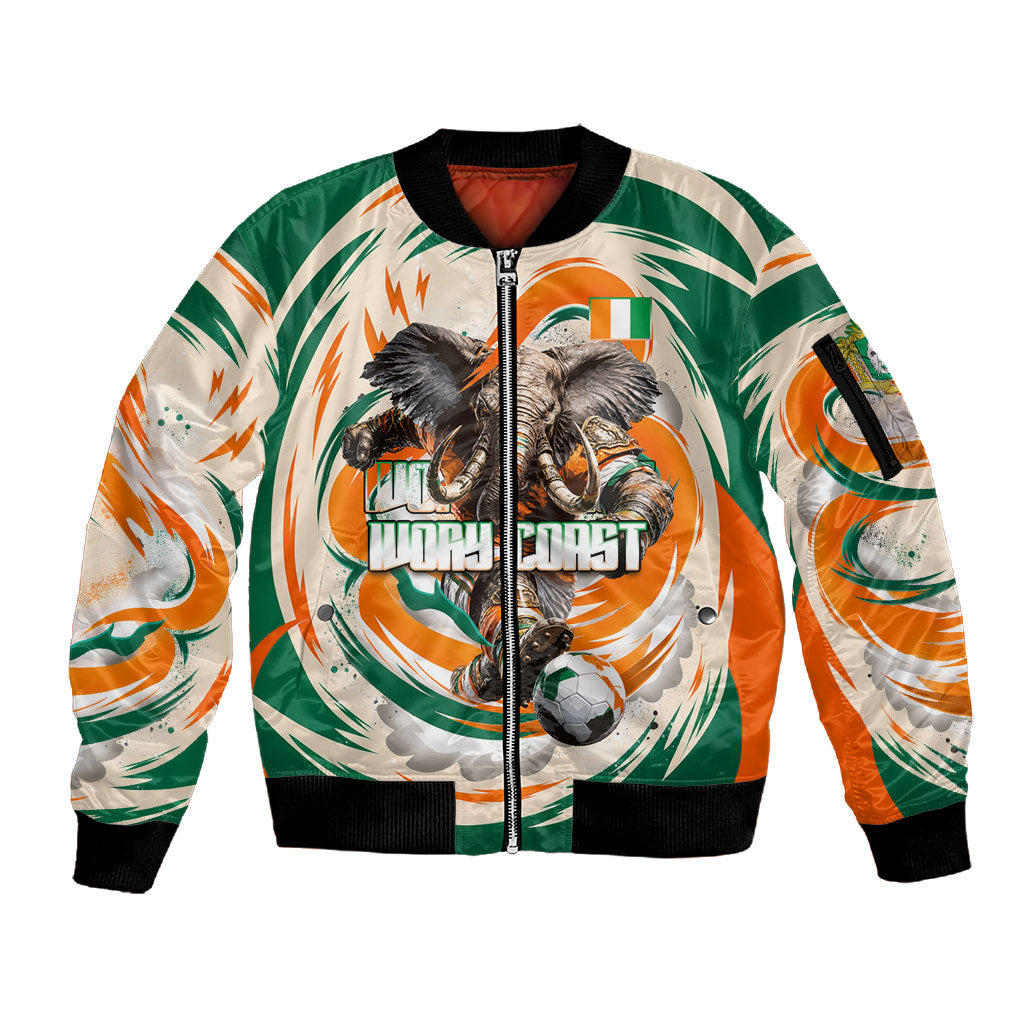 Personalized Ivory Coast Football Sleeve Zip Bomber Jacket Les Elephants Swirl Pattern Heritage Mascot Art