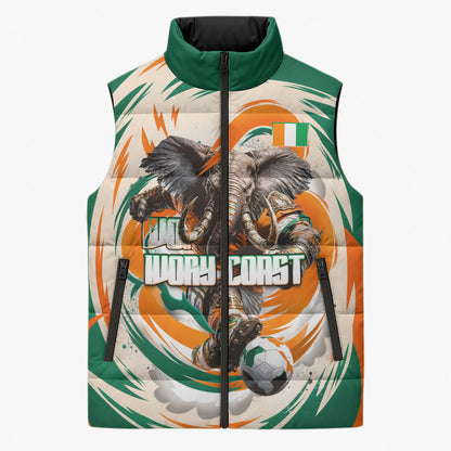 Personalized Ivory Coast Football Sleeveless Puffer Jacket Les Elephants Swirl Pattern Heritage Mascot Art