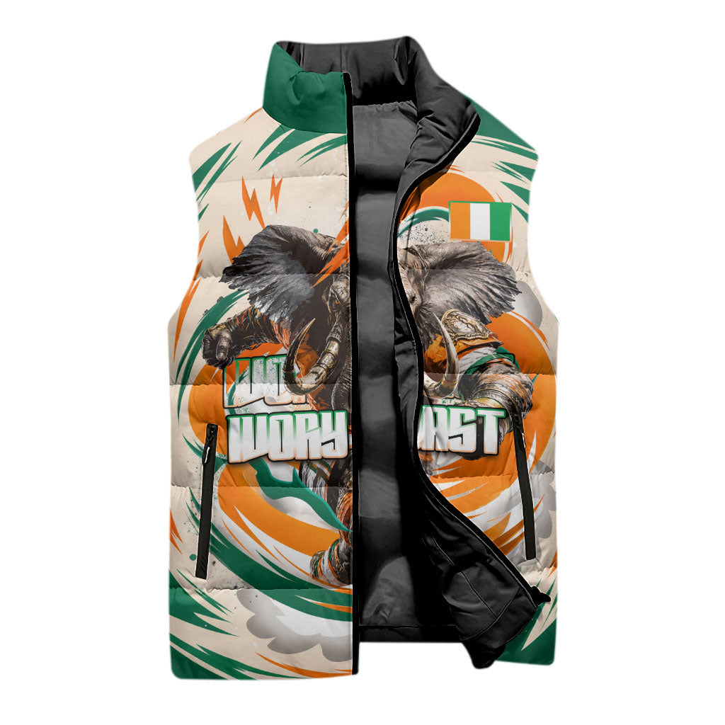 Personalized Ivory Coast Football Sleeveless Puffer Jacket Les Elephants Swirl Pattern Heritage Mascot Art