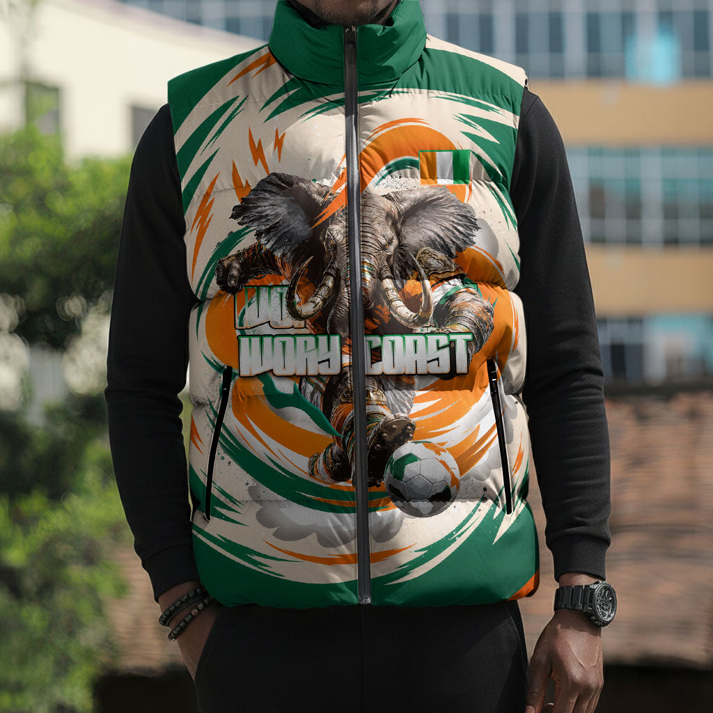 Personalized Ivory Coast Football Sleeveless Puffer Jacket Les Elephants Swirl Pattern Heritage Mascot Art