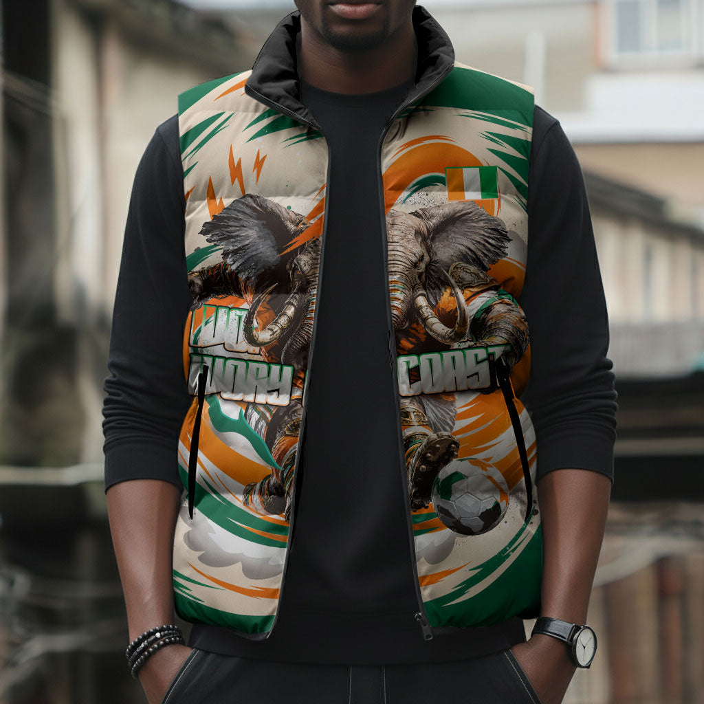 Personalized Ivory Coast Football Sleeveless Puffer Jacket Les Elephants Swirl Pattern Heritage Mascot Art