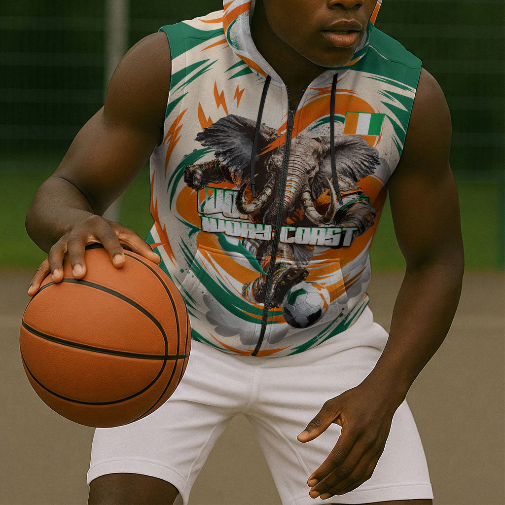 Personalized Ivory Coast Football Sleeveless Zip Hoodie Les Elephants Swirl Pattern Heritage Mascot Art