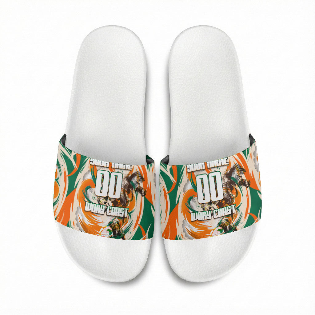 Personalized Ivory Coast Football Slide Sandals Les Elephants Swirl Pattern Heritage Mascot Art