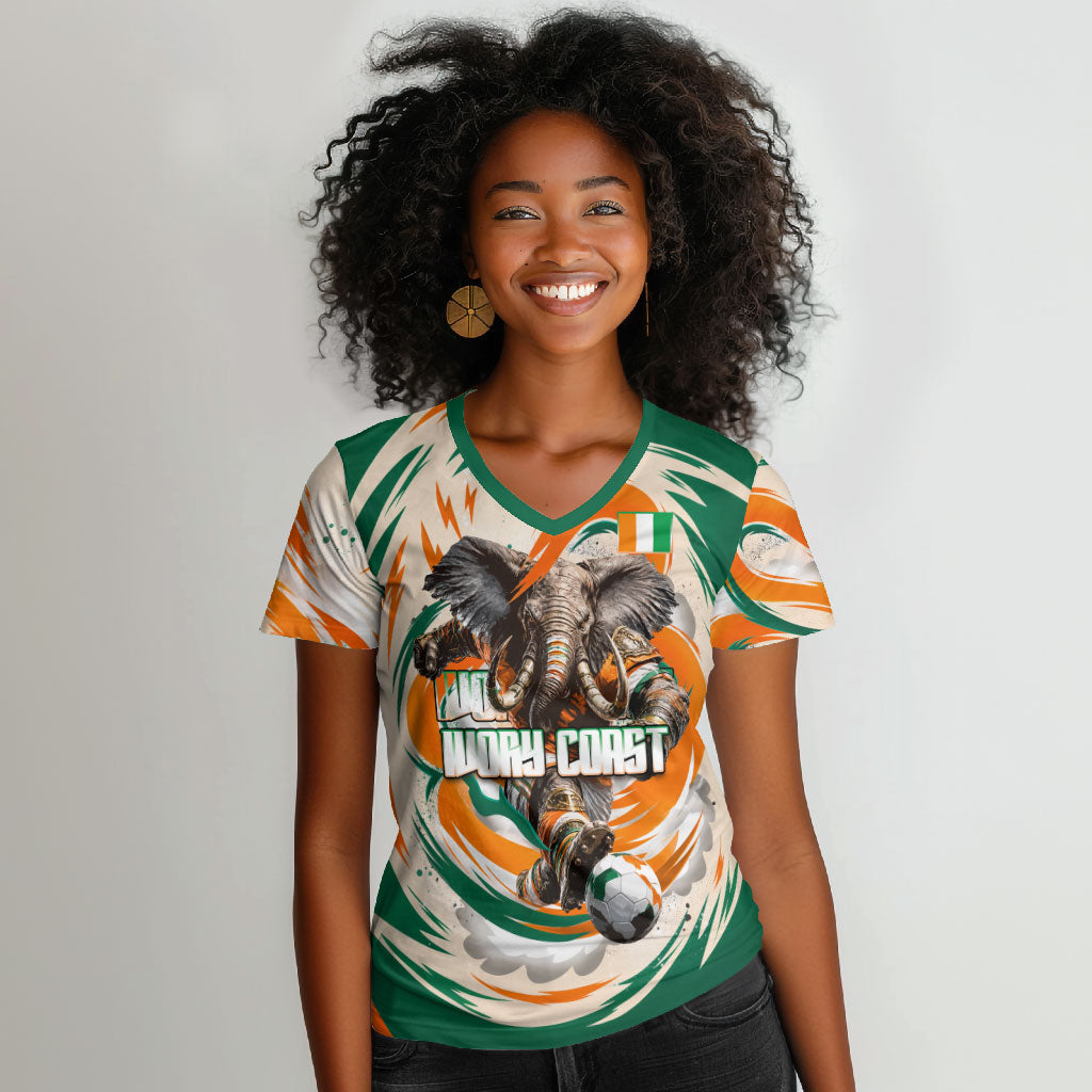Personalized Ivory Coast Football Women V-Neck T-Shirt Les Elephants Swirl Pattern Heritage Mascot Art