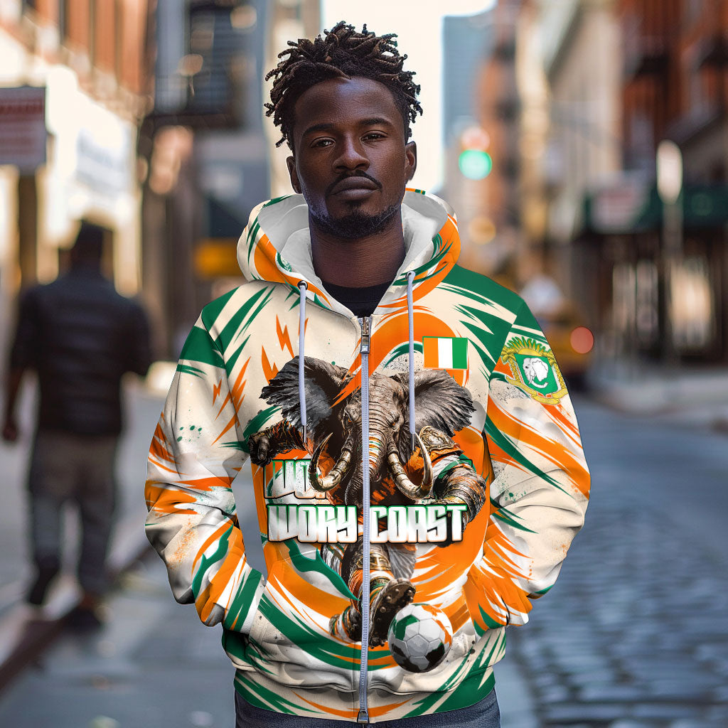 Personalized Ivory Coast Football Zip Hoodie Les Elephants Swirl Pattern Heritage Mascot Art