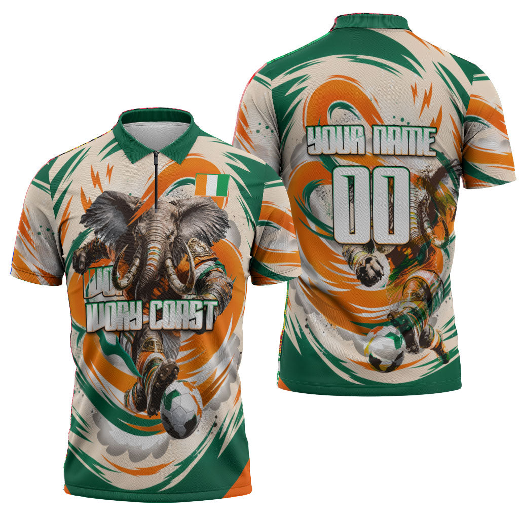 Personalized Ivory Coast Football Zipper Polo Shirt Les Elephants Swirl Pattern Heritage Mascot Art