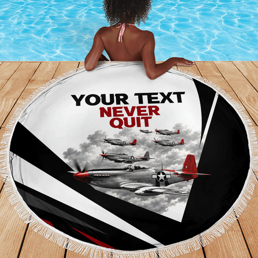 Personalized Tuskegee Airmen Beach Blanket Red Tails P-51 Mustang WWII Aviation Never Quit