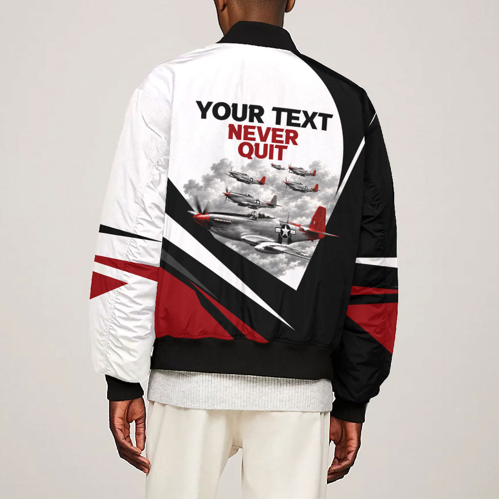 Personalized Tuskegee Airmen Bomber Jacket Red Tails P-51 Mustang WWII Aviation Never Quit