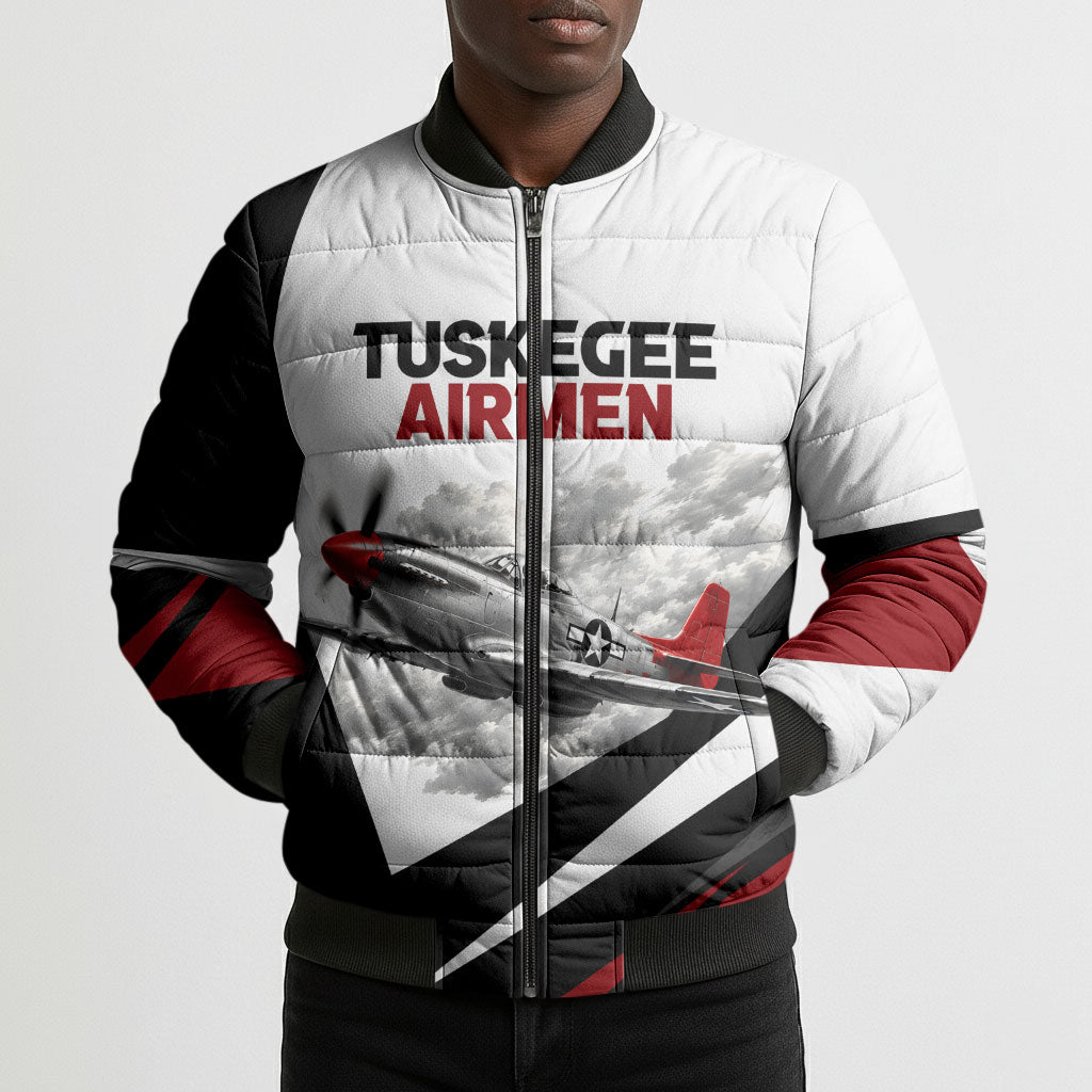 Personalized Tuskegee Airmen Bomber Puffer Jacket Red Tails P-51 Mustang WWII Aviation Never Quit