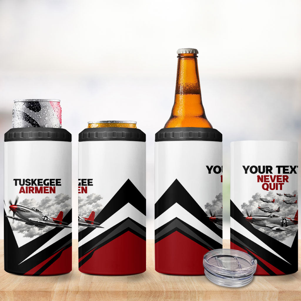 Personalized Tuskegee Airmen 4 in 1 Can Cooler Tumbler Red Tails P-51 Mustang WWII Aviation Never Quit