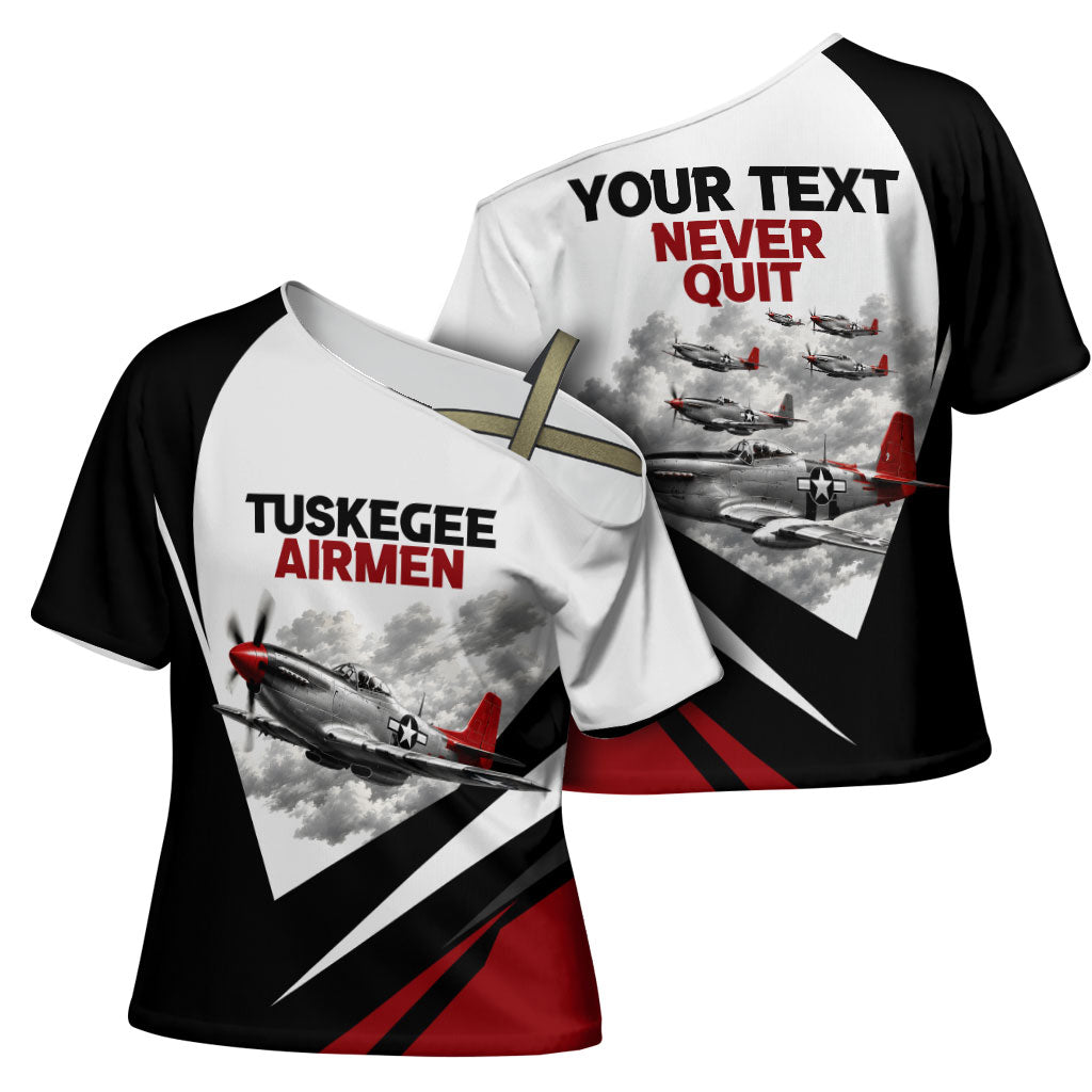 Personalized Tuskegee Airmen Cross Shoulder Shirt Red Tails P-51 Mustang WWII Aviation Never Quit