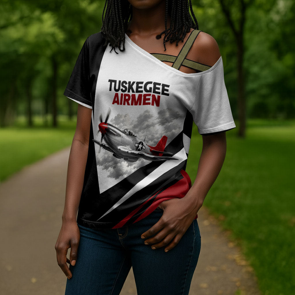 Personalized Tuskegee Airmen Cross Shoulder Shirt Red Tails P-51 Mustang WWII Aviation Never Quit