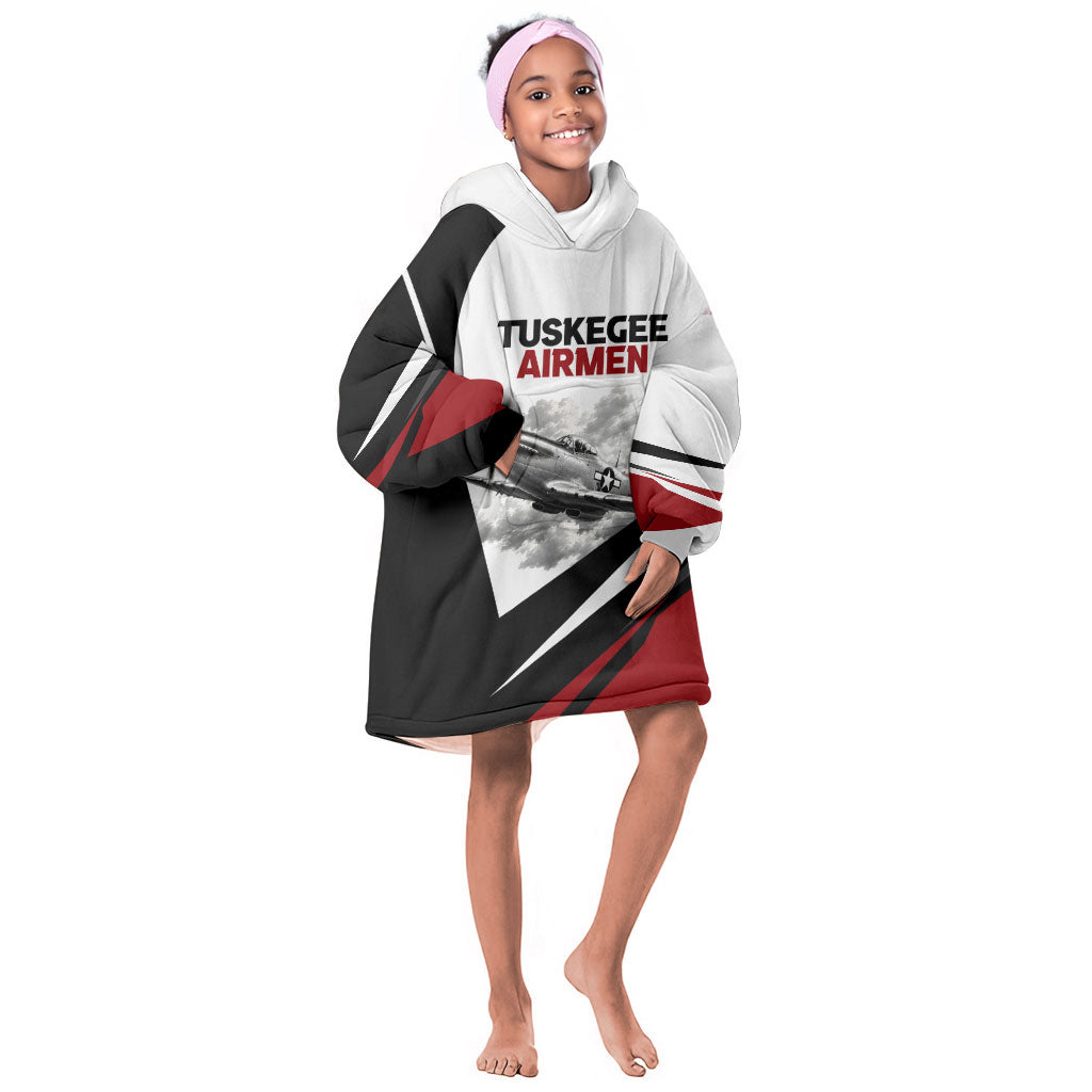 Personalized Tuskegee Airmen Kid Wearable Blanket Hoodie Red Tails P-51 Mustang WWII Aviation Never Quit