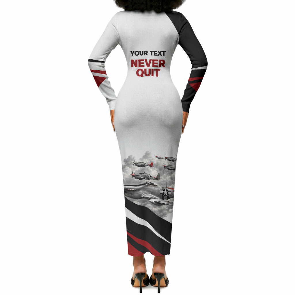 Personalized Tuskegee Airmen Long Sleeve Bodycon Dress Red Tails P-51 Mustang WWII Aviation Never Quit