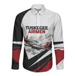 Personalized Tuskegee Airmen Long Sleeve Button Shirt Red Tails P-51 Mustang WWII Aviation Never Quit