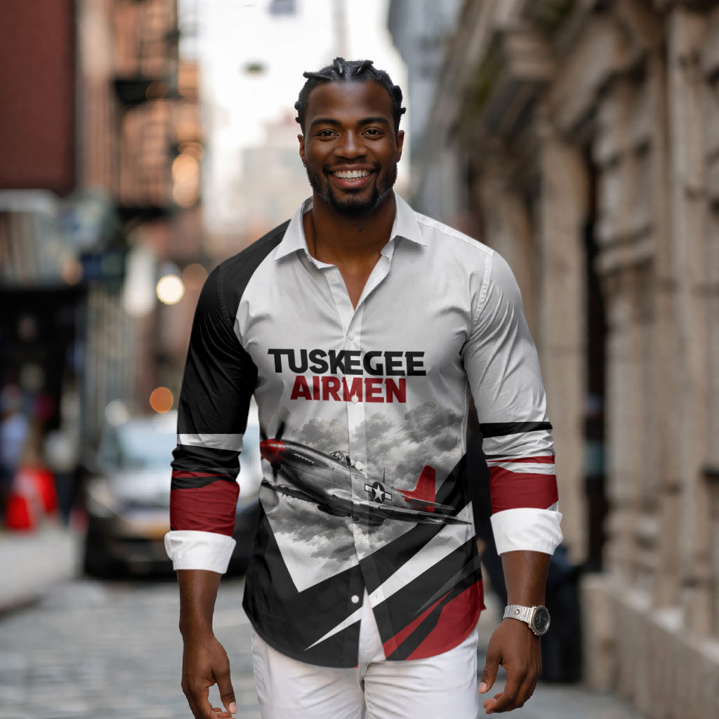Personalized Tuskegee Airmen Long Sleeve Button Shirt Red Tails P-51 Mustang WWII Aviation Never Quit