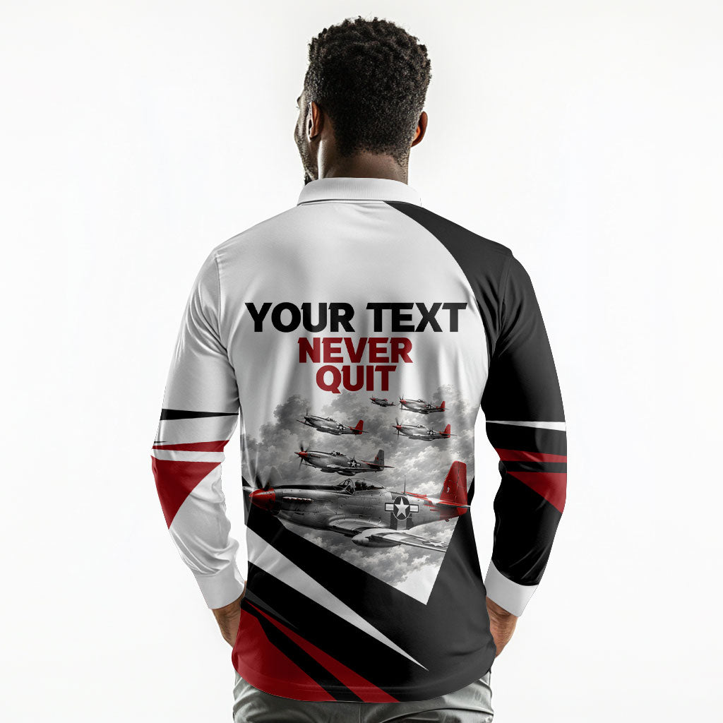 Personalized Tuskegee Airmen Long Sleeve Polo Shirt Red Tails P-51 Mustang WWII Aviation Never Quit