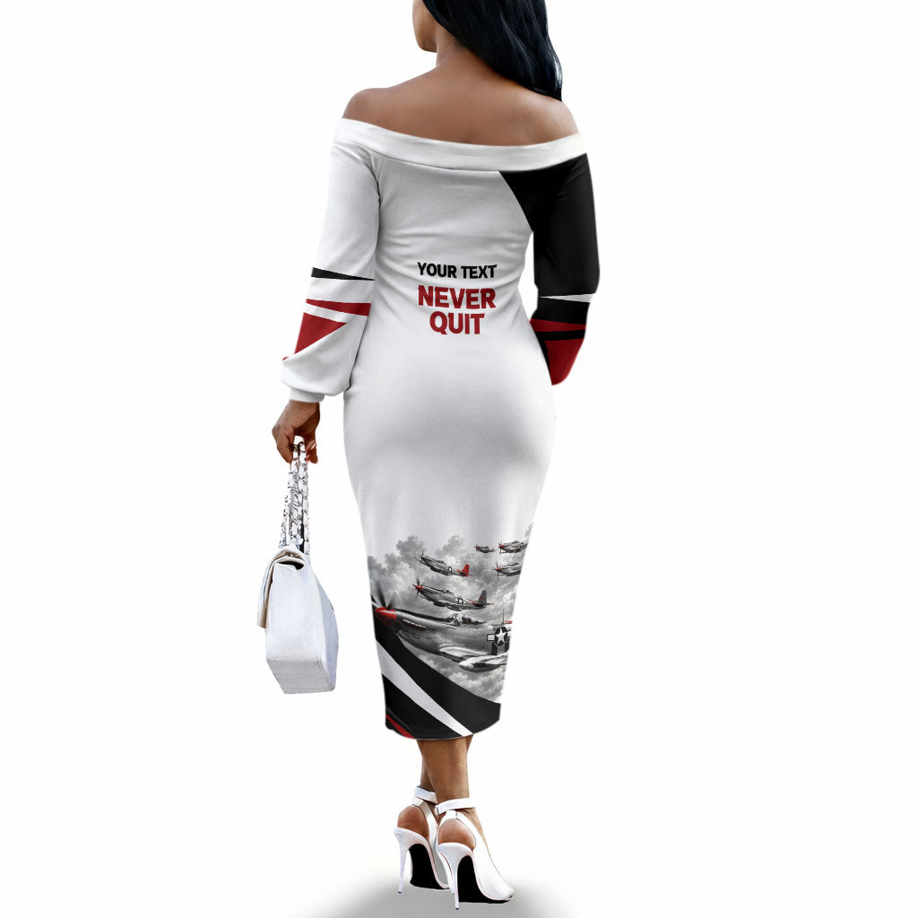 Personalized Tuskegee Airmen Off The Shoulder Long Sleeve Dress Red Tails P-51 Mustang WWII Aviation Never Quit