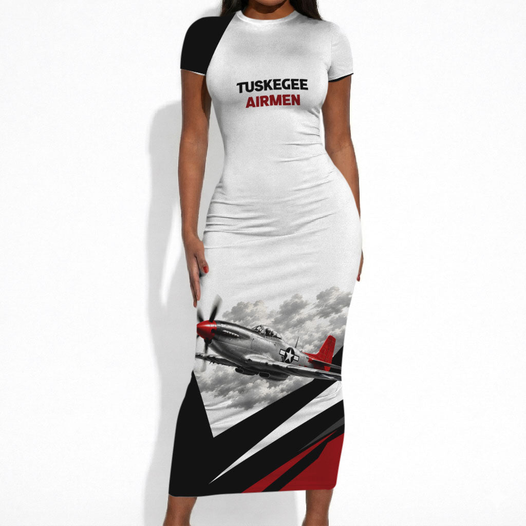 Personalized Tuskegee Airmen Short Sleeve Bodycon Dress Red Tails P-51 Mustang WWII Aviation Never Quit