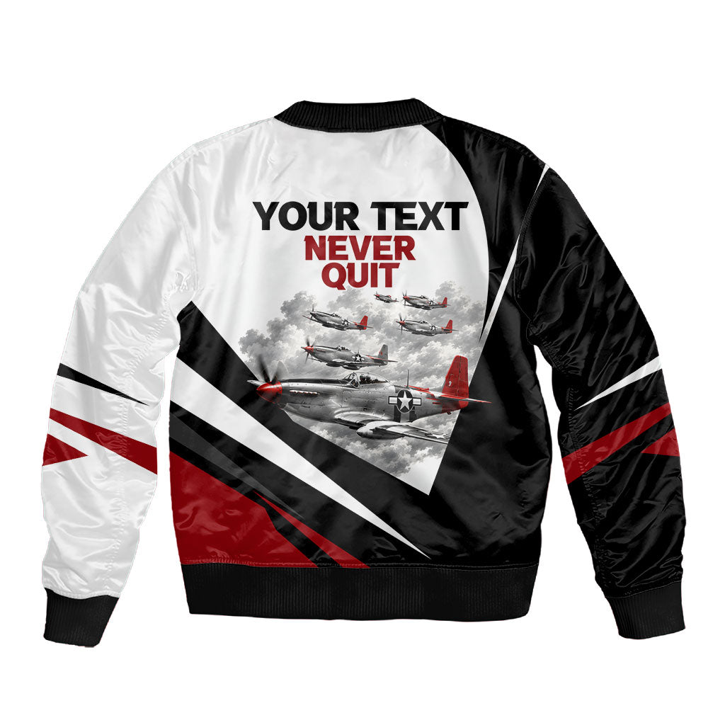 Personalized Tuskegee Airmen Sleeve Zip Bomber Jacket Red Tails P-51 Mustang WWII Aviation Never Quit