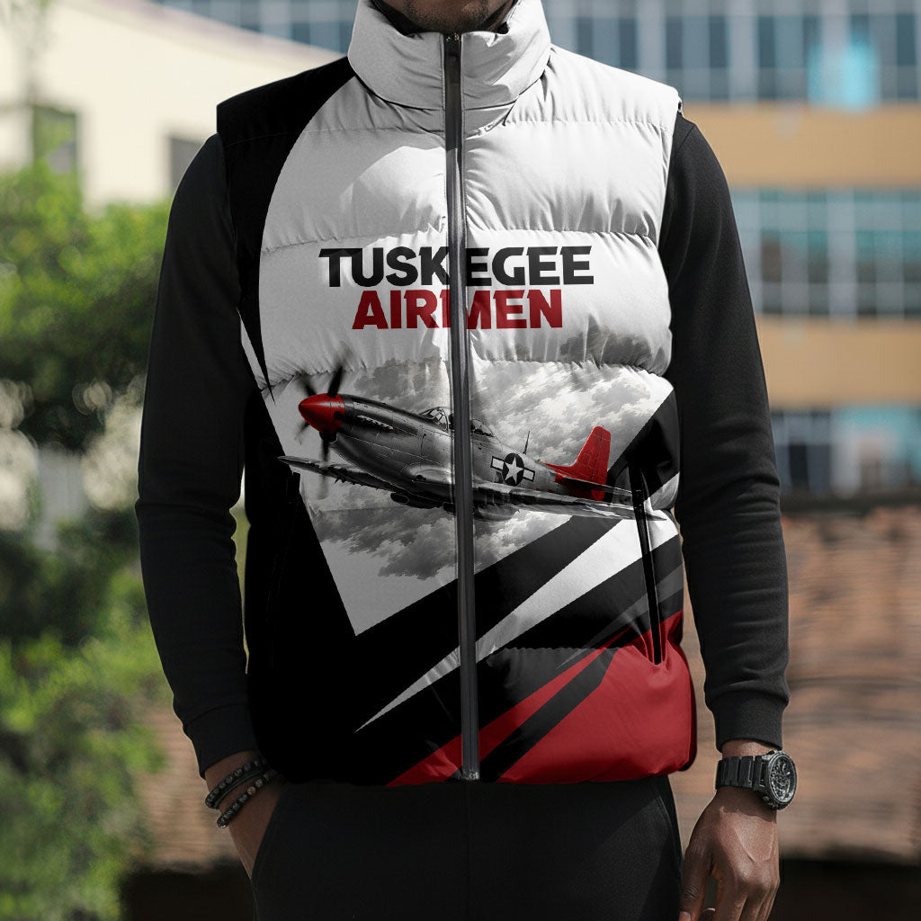 Personalized Tuskegee Airmen Sleeveless Puffer Jacket Red Tails P-51 Mustang WWII Aviation Never Quit