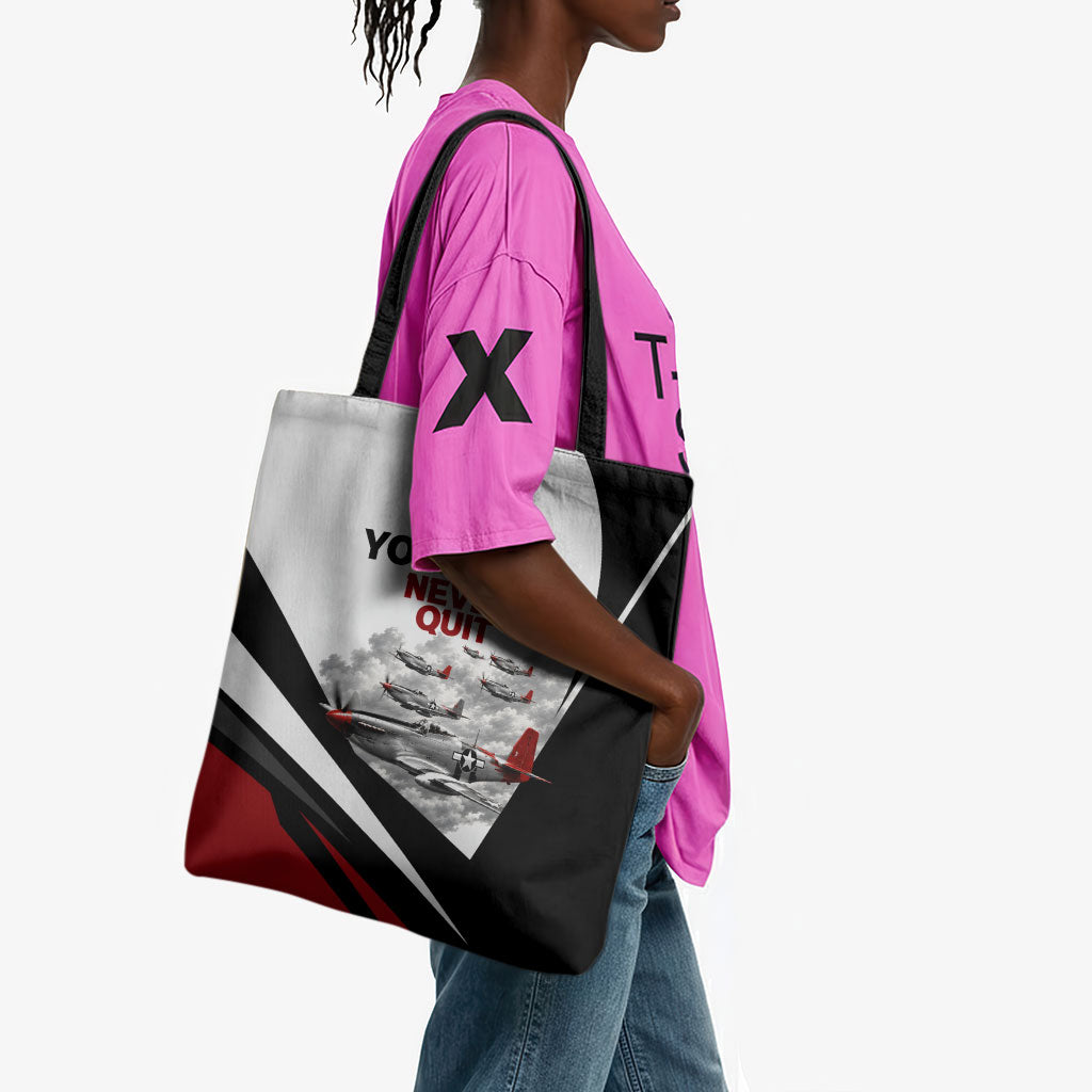 Personalized Tuskegee Airmen Tote Bag Red Tails P-51 Mustang WWII Aviation Never Quit