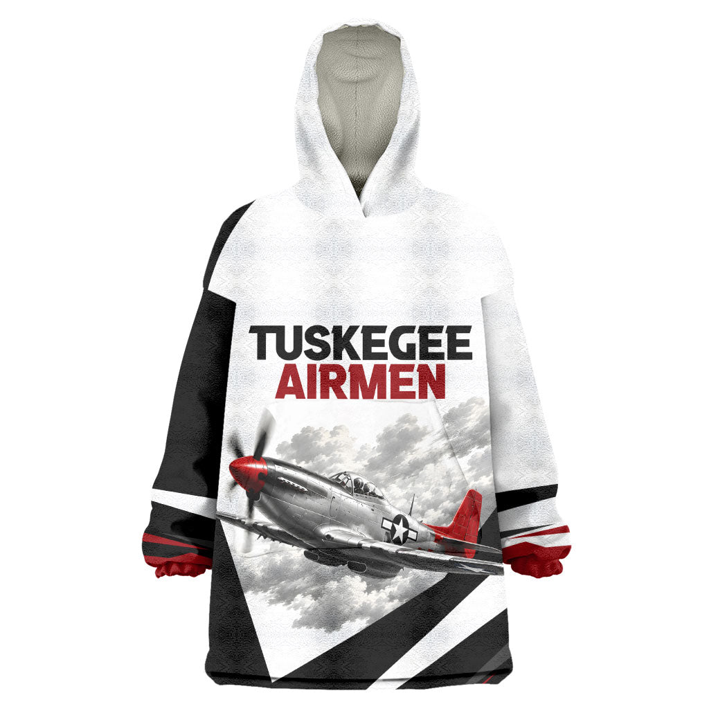 Personalized Tuskegee Airmen Wearable Blanket Hoodie Red Tails P-51 Mustang WWII Aviation Never Quit